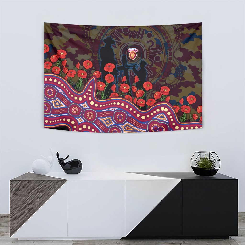 Brisbane Lions ANZAC Day Tapestry Indigenous Dot Art with Poppy Flower Tribute