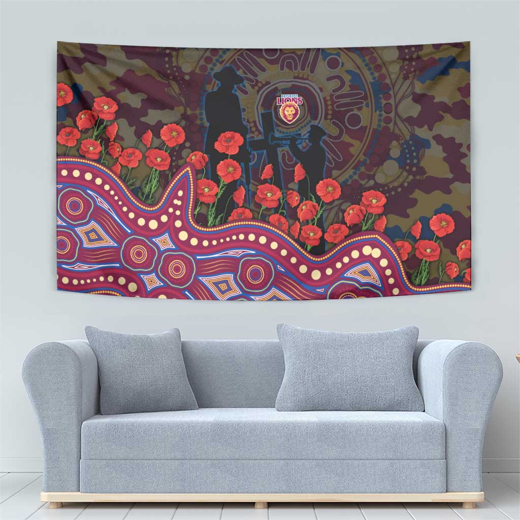 Brisbane Lions ANZAC Day Tapestry Indigenous Dot Art with Poppy Flower Tribute