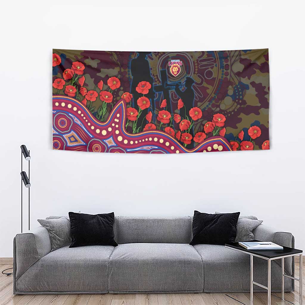 Brisbane Lions ANZAC Day Tapestry Indigenous Dot Art with Poppy Flower Tribute