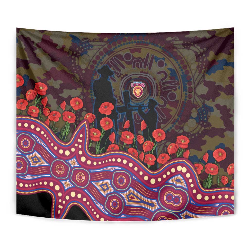 Brisbane Lions ANZAC Day Tapestry Indigenous Dot Art with Poppy Flower Tribute