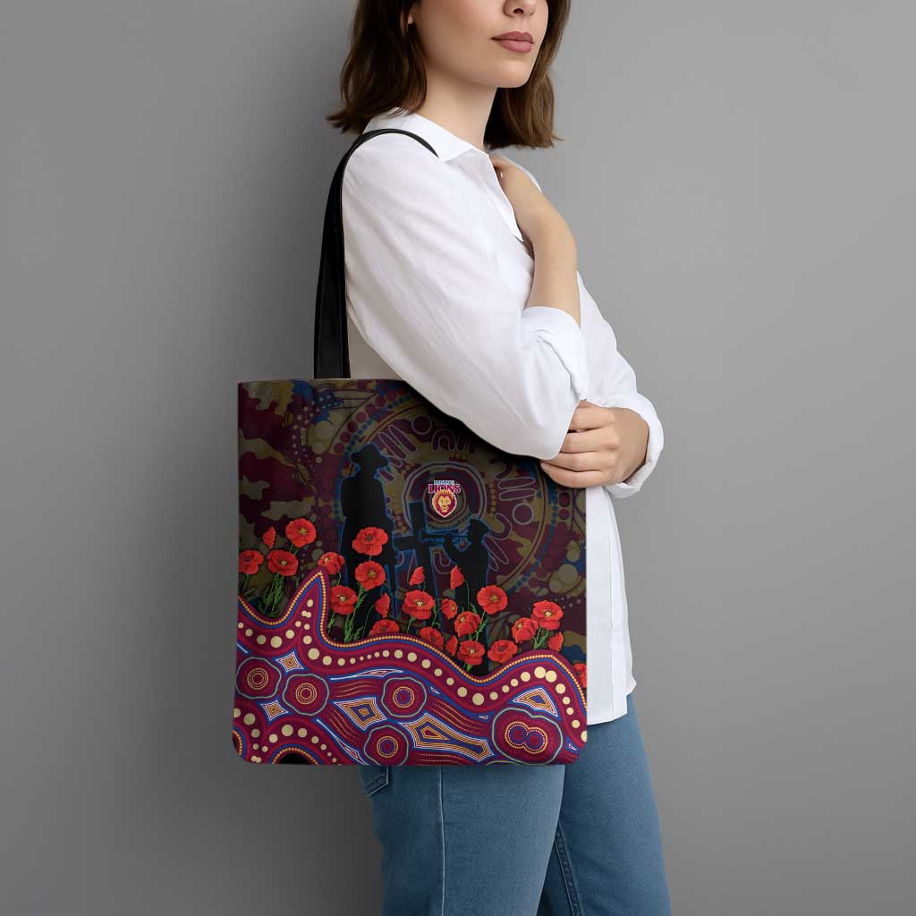 Brisbane Lions ANZAC Day Tote Bag Indigenous Dot Art with Poppy Flower Tribute