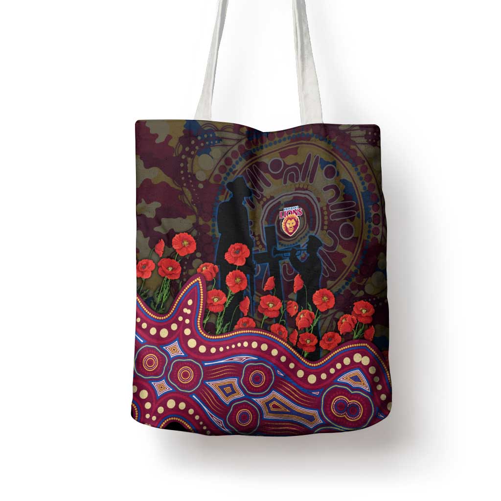 Brisbane Lions ANZAC Day Tote Bag Indigenous Dot Art with Poppy Flower Tribute