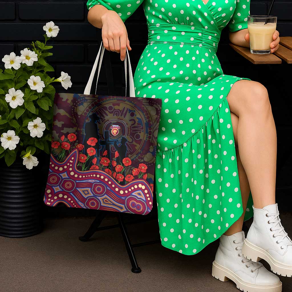 Brisbane Lions ANZAC Day Tote Bag Indigenous Dot Art with Poppy Flower Tribute