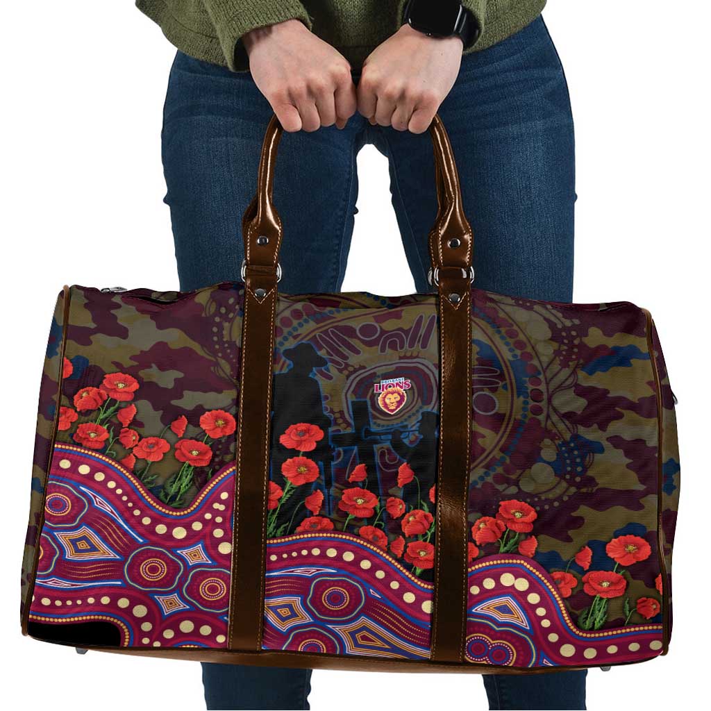 Brisbane Lions ANZAC Day Travel Bag Indigenous Dot Art with Poppy Flower Tribute