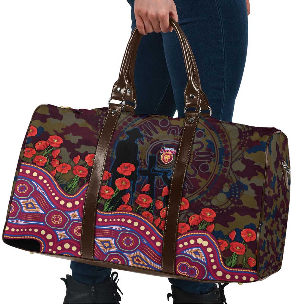 Brisbane Lions ANZAC Day Travel Bag Indigenous Dot Art with Poppy Flower Tribute