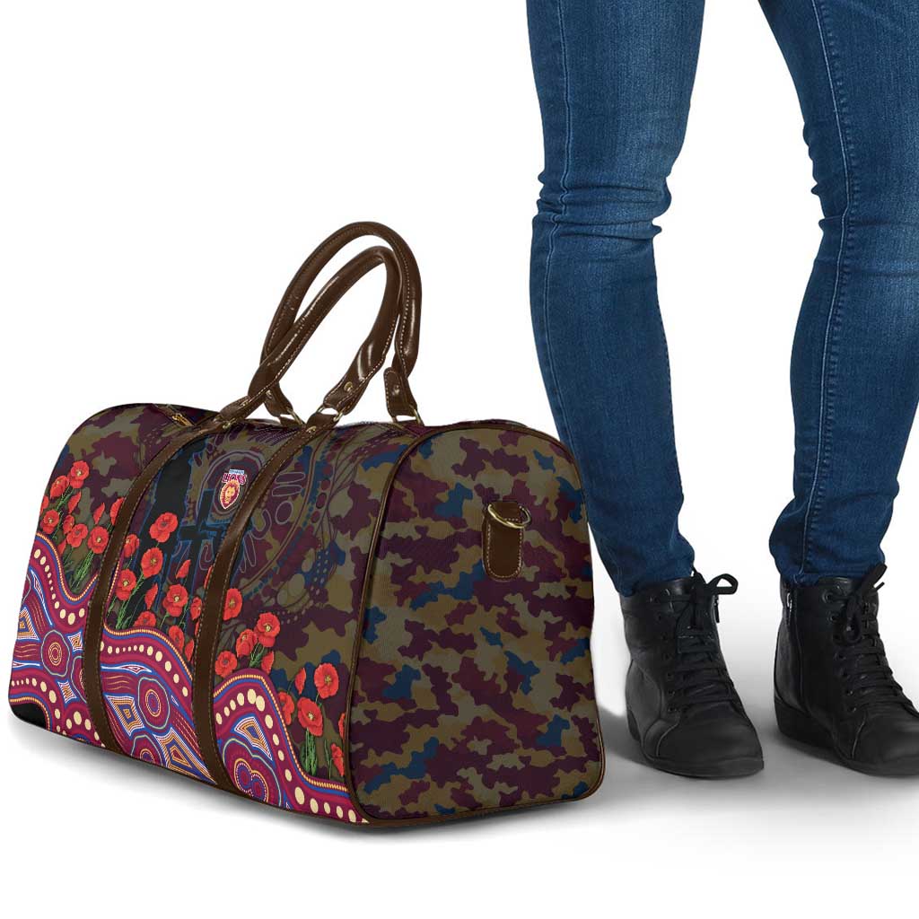 Brisbane Lions ANZAC Day Travel Bag Indigenous Dot Art with Poppy Flower Tribute