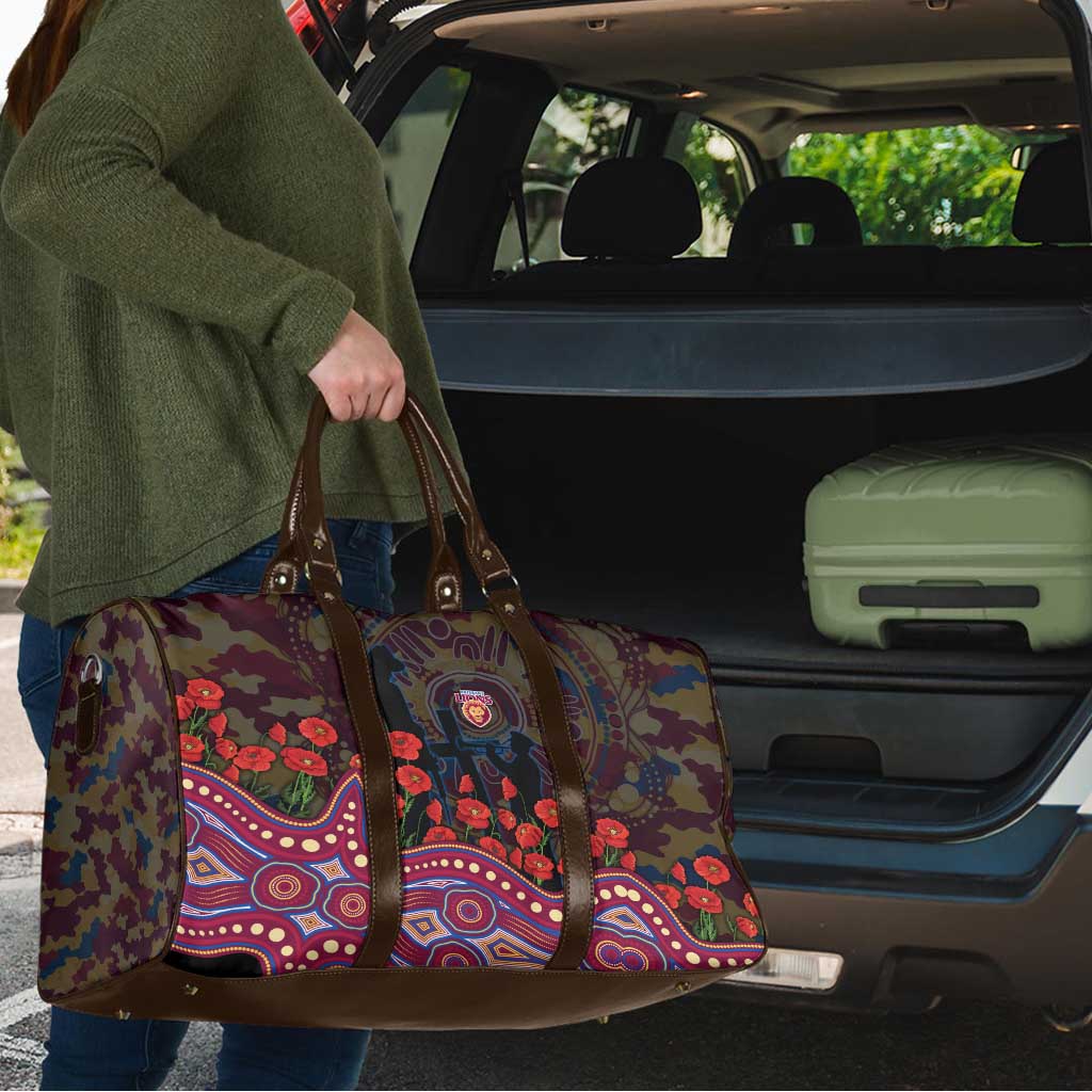 Brisbane Lions ANZAC Day Travel Bag Indigenous Dot Art with Poppy Flower Tribute