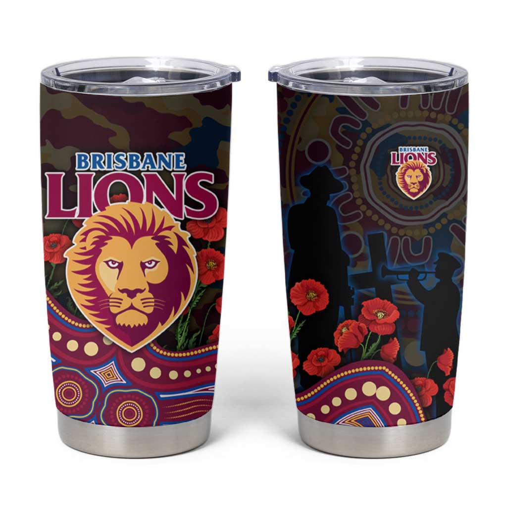 Brisbane Lions ANZAC Day Tumbler Cup Indigenous Dot Art with Poppy Flower Tribute