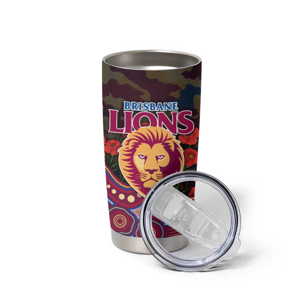 Brisbane Lions ANZAC Day Tumbler Cup Indigenous Dot Art with Poppy Flower Tribute