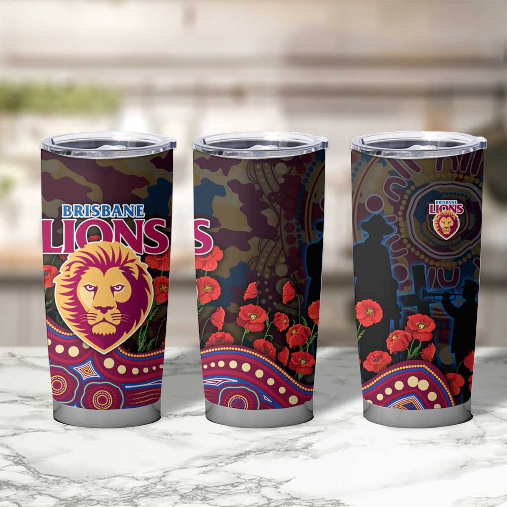 Brisbane Lions ANZAC Day Tumbler Cup Indigenous Dot Art with Poppy Flower Tribute
