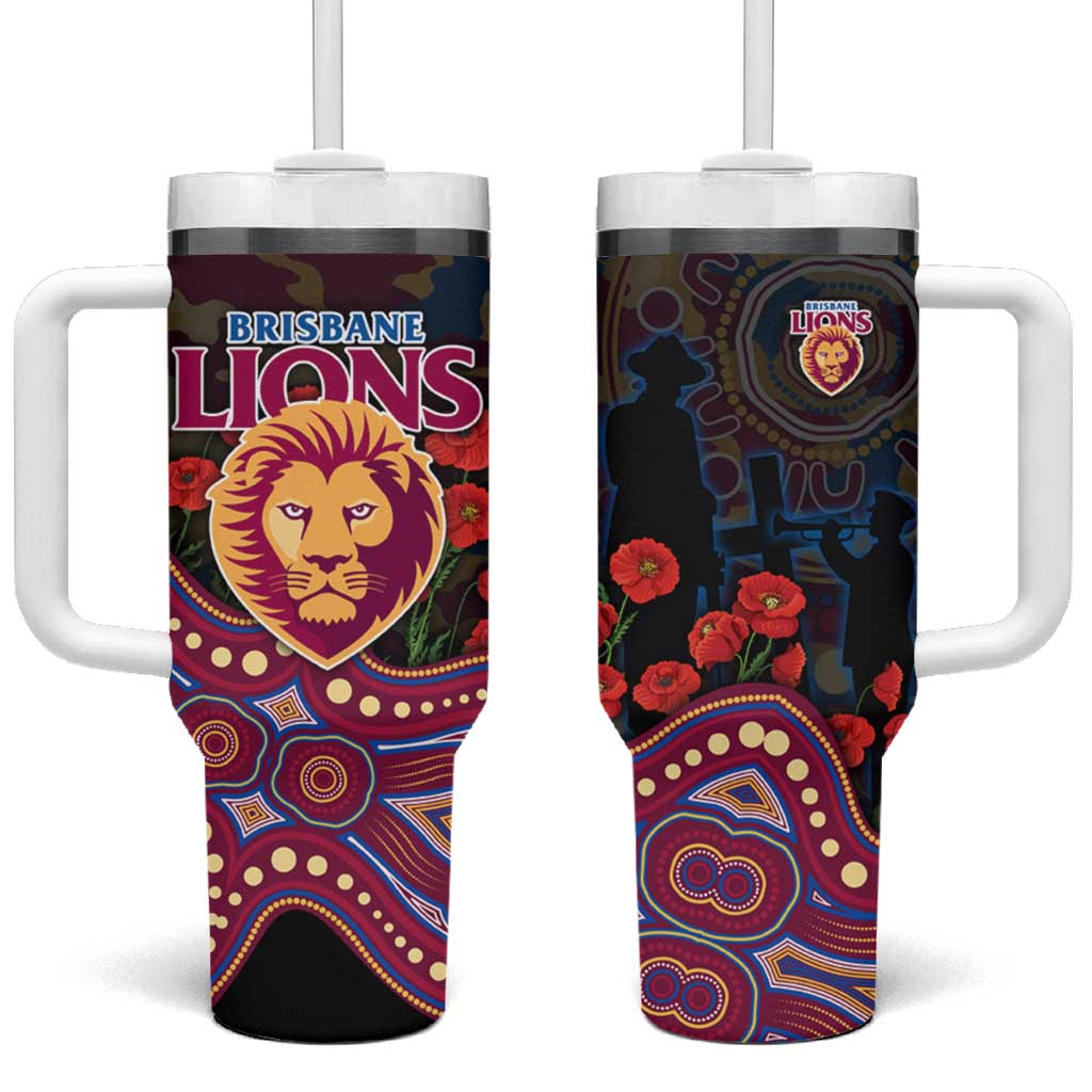 Brisbane Lions ANZAC Day Tumbler With Handle Indigenous Dot Art with Poppy Flower Tribute