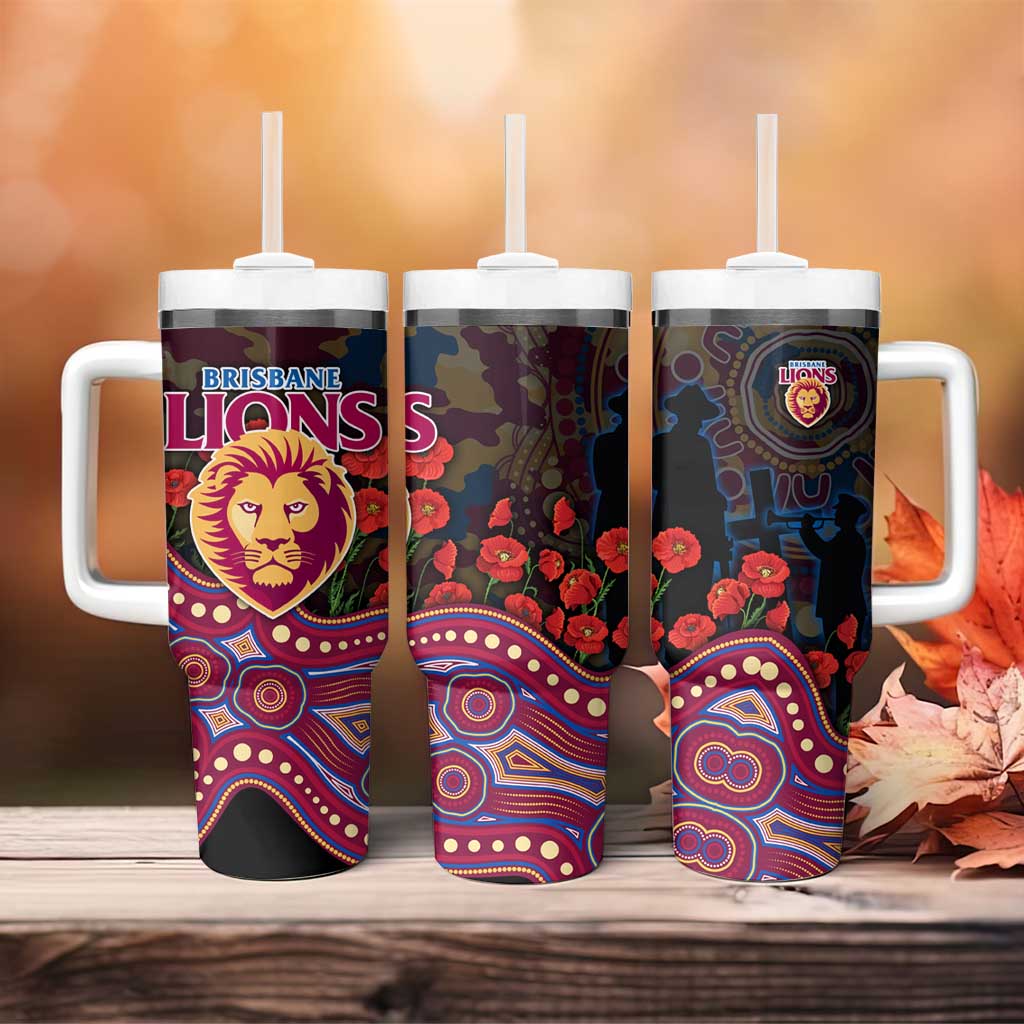 Brisbane Lions ANZAC Day Tumbler With Handle Indigenous Dot Art with Poppy Flower Tribute