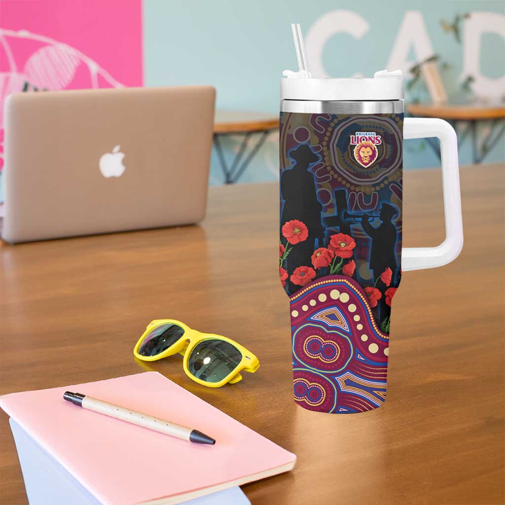 Brisbane Lions ANZAC Day Tumbler With Handle Indigenous Dot Art with Poppy Flower Tribute