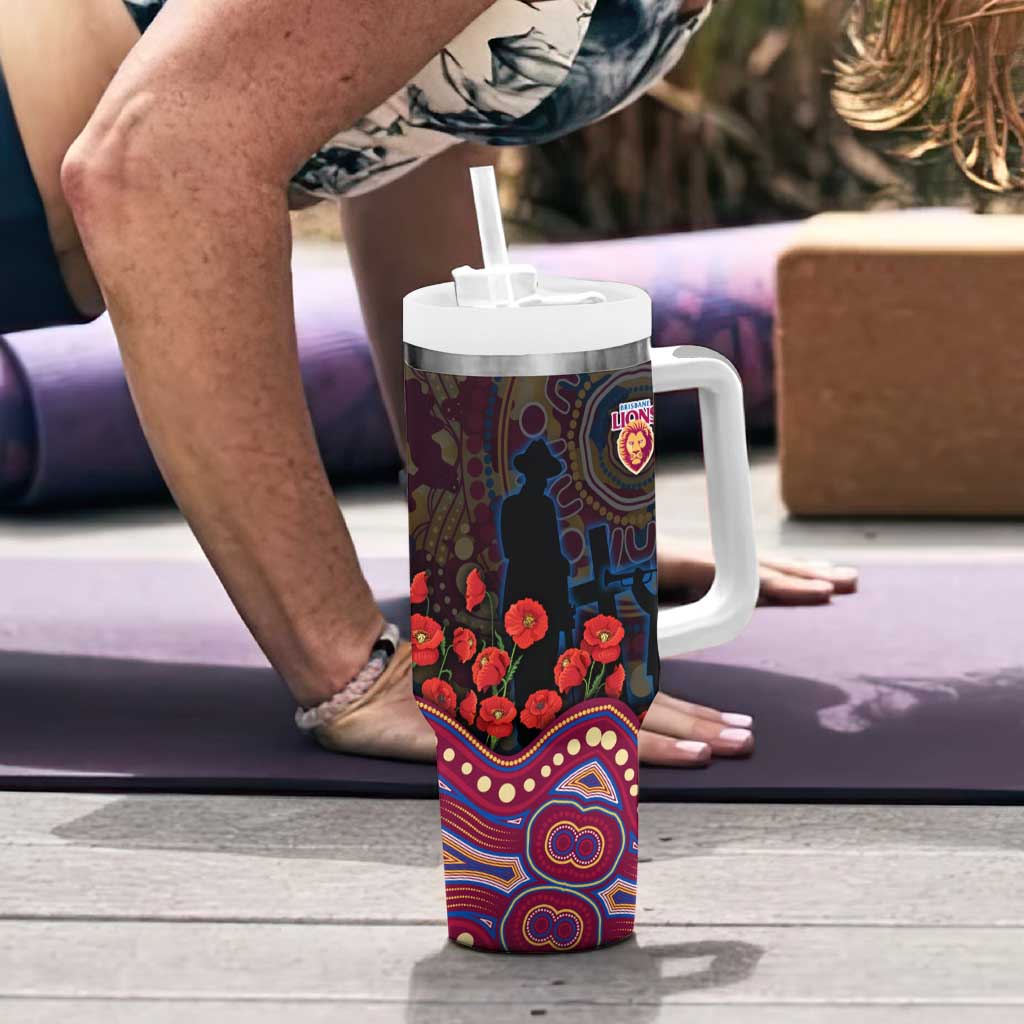 Brisbane Lions ANZAC Day Tumbler With Handle Indigenous Dot Art with Poppy Flower Tribute