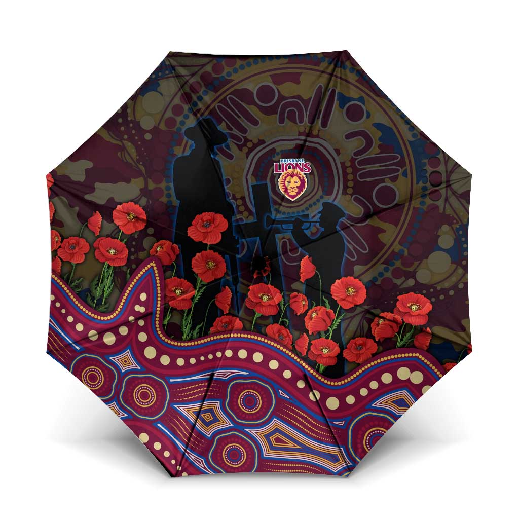 Brisbane Lions ANZAC Day Umbrella Indigenous Dot Art with Poppy Flower Tribute