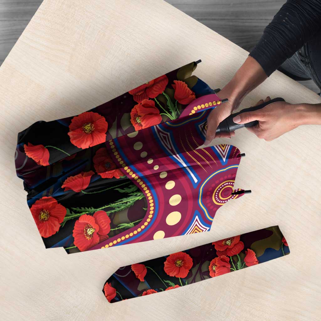 Brisbane Lions ANZAC Day Umbrella Indigenous Dot Art with Poppy Flower Tribute