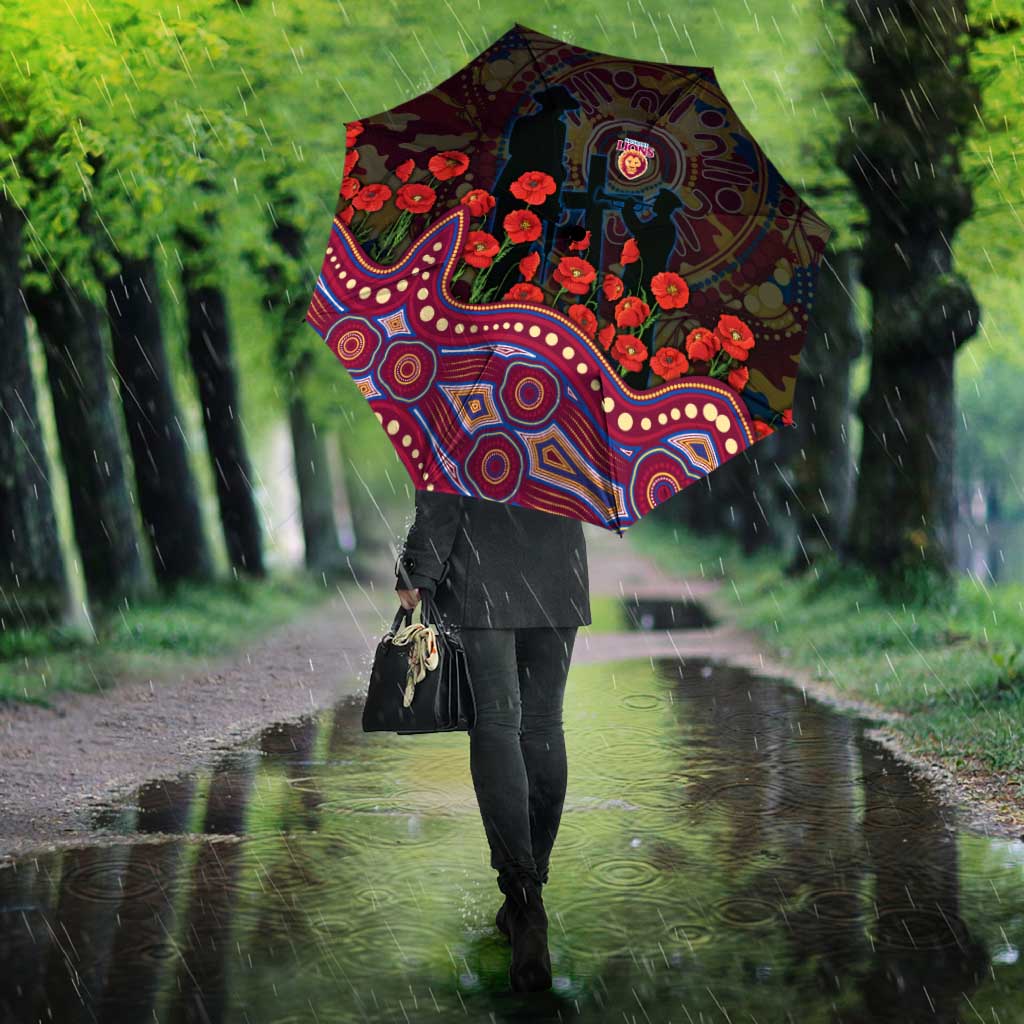 Brisbane Lions ANZAC Day Umbrella Indigenous Dot Art with Poppy Flower Tribute