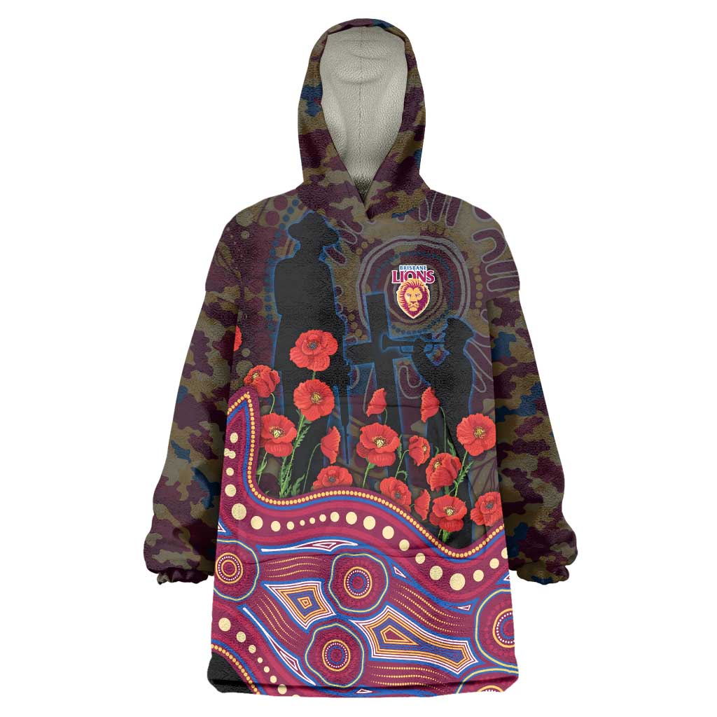 Brisbane Lions ANZAC Day Wearable Blanket Hoodie Indigenous Dot Art with Poppy Flower Tribute
