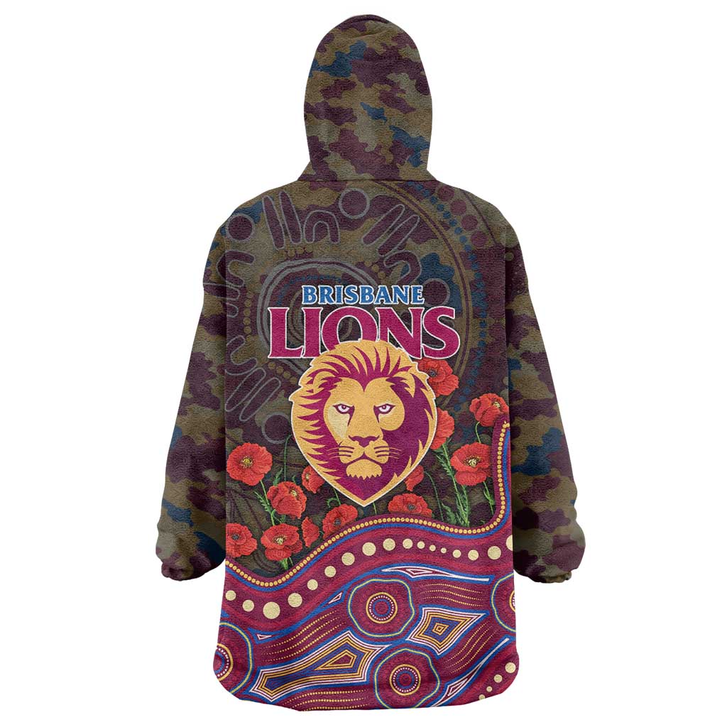 Brisbane Lions ANZAC Day Wearable Blanket Hoodie Indigenous Dot Art with Poppy Flower Tribute