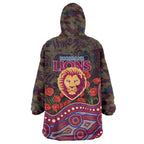 Brisbane Lions ANZAC Day Wearable Blanket Hoodie Indigenous Dot Art with Poppy Flower Tribute