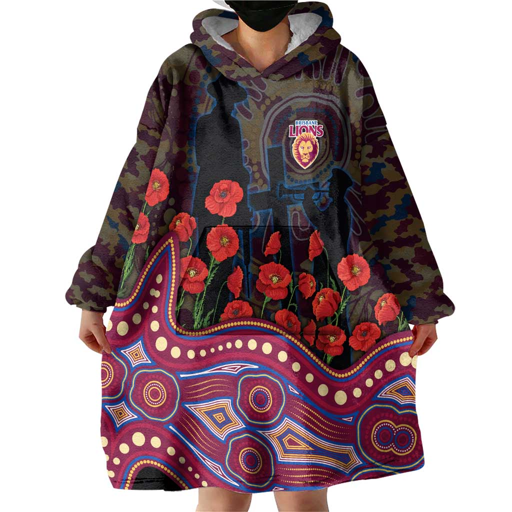 Brisbane Lions ANZAC Day Wearable Blanket Hoodie Indigenous Dot Art with Poppy Flower Tribute