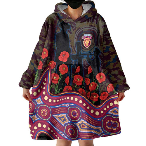 Brisbane Lions ANZAC Day Wearable Blanket Hoodie Indigenous Dot Art with Poppy Flower Tribute