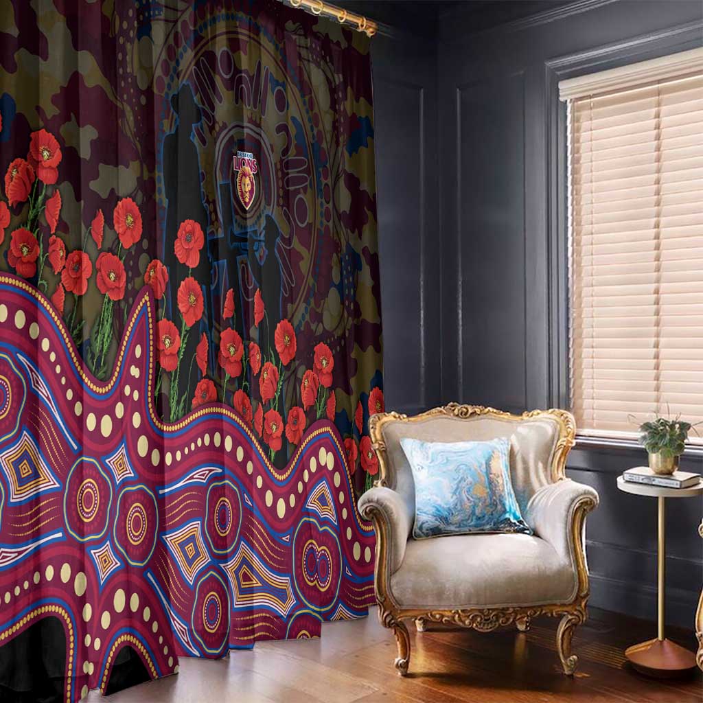 Brisbane Lions ANZAC Day Window Curtain Indigenous Dot Art with Poppy Flower Tribute
