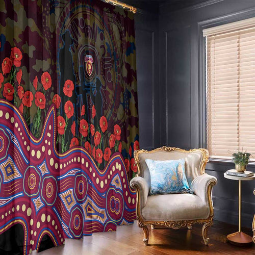 Brisbane Lions ANZAC Day Window Curtain Indigenous Dot Art with Poppy Flower Tribute