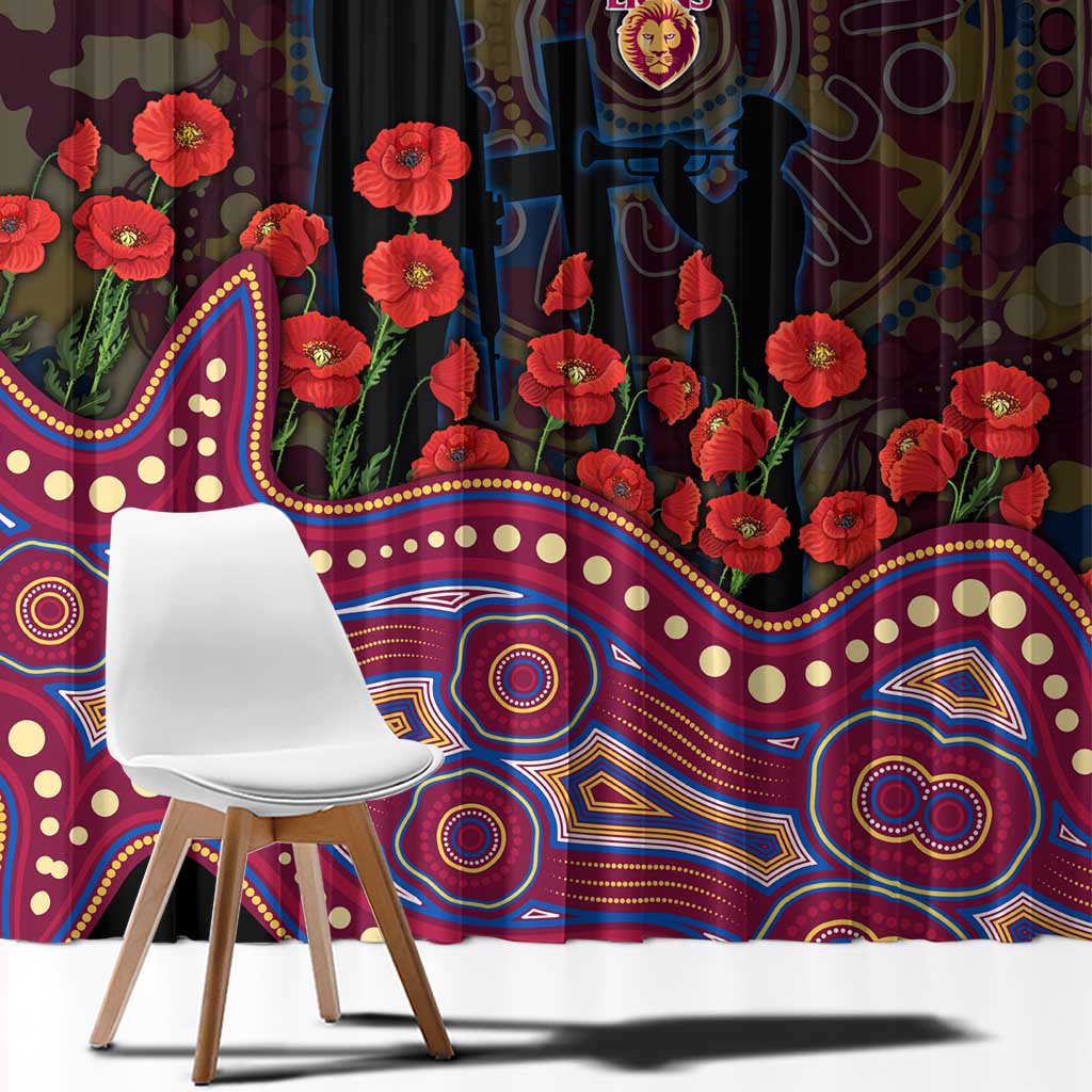 Brisbane Lions ANZAC Day Window Curtain Indigenous Dot Art with Poppy Flower Tribute