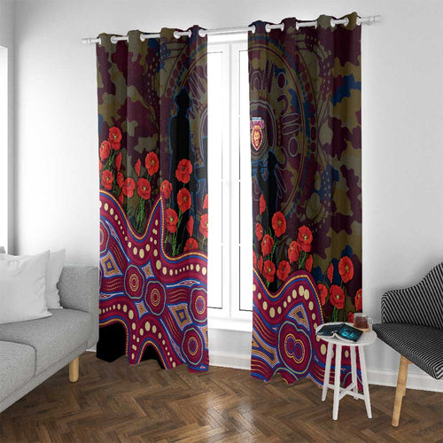 Brisbane Lions ANZAC Day Window Curtain Indigenous Dot Art with Poppy Flower Tribute