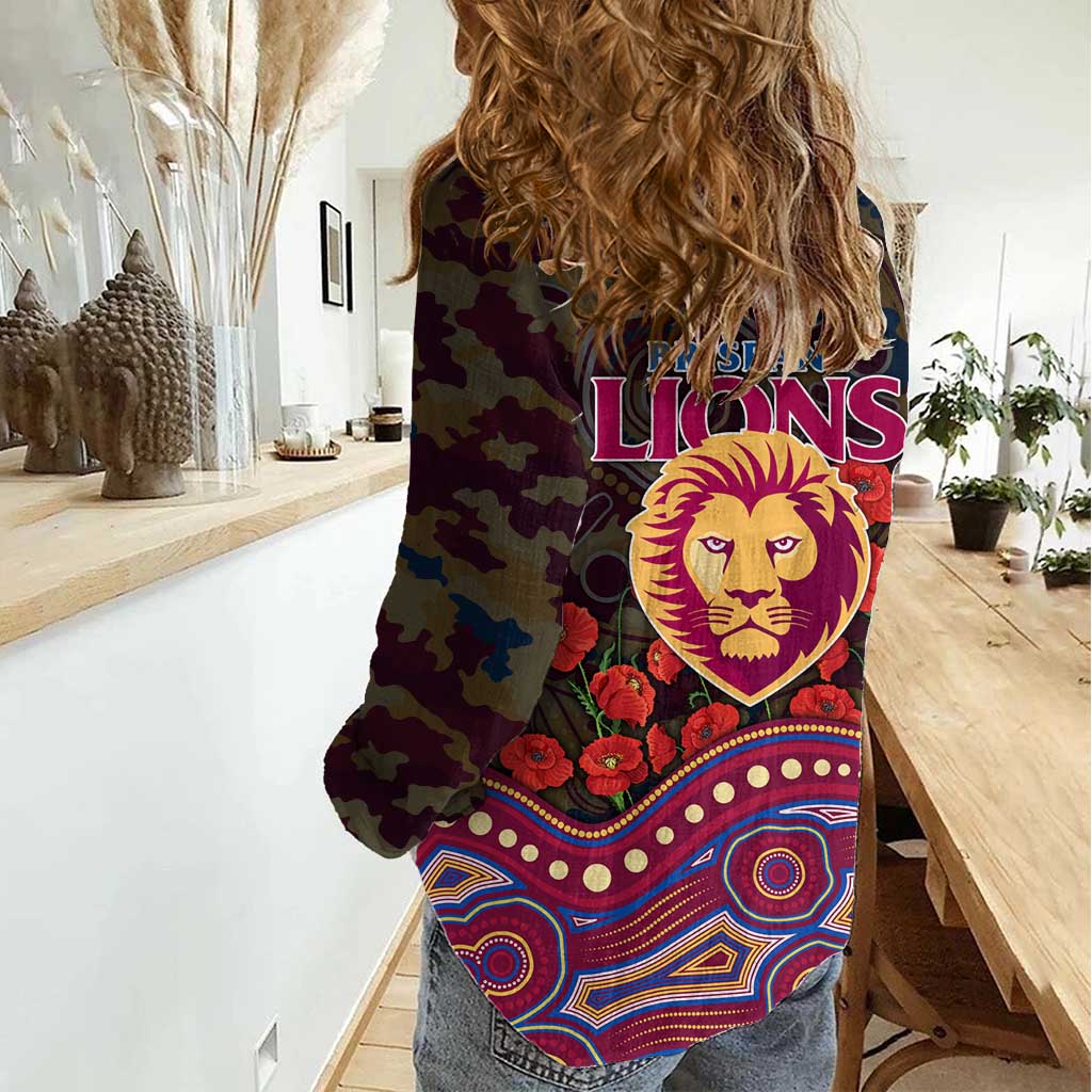 Brisbane Lions ANZAC Day Women Casual Shirt Indigenous Dot Art with Poppy Flower Tribute