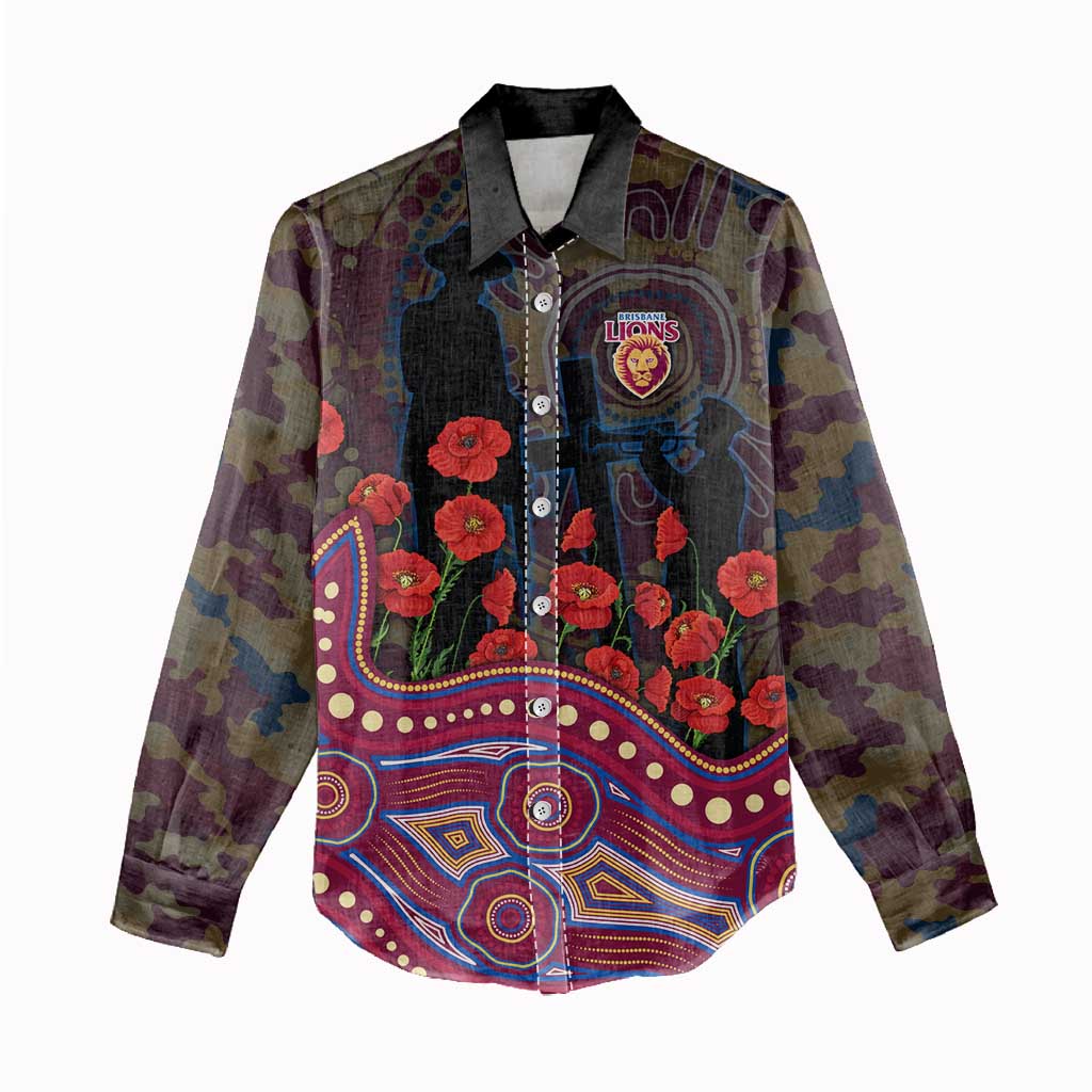 Brisbane Lions ANZAC Day Women Casual Shirt Indigenous Dot Art with Poppy Flower Tribute
