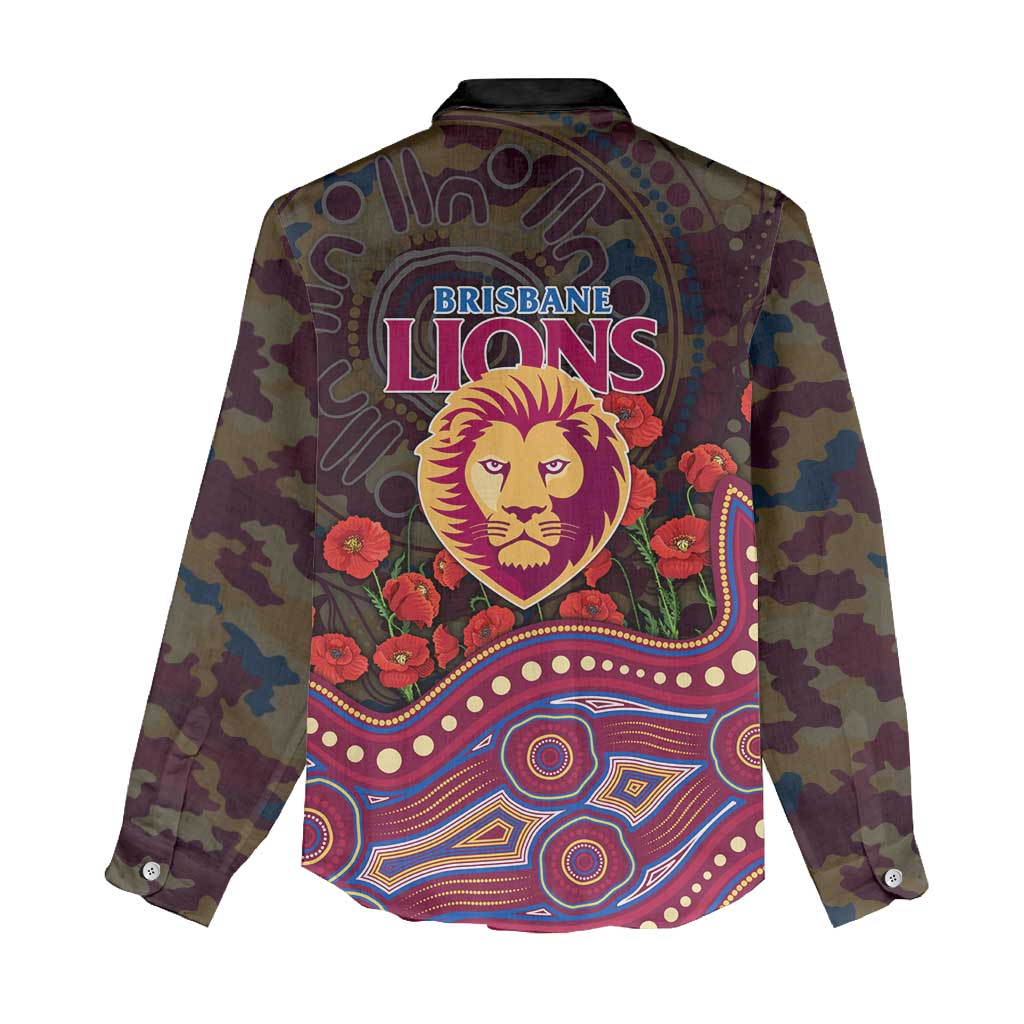 Brisbane Lions ANZAC Day Women Casual Shirt Indigenous Dot Art with Poppy Flower Tribute