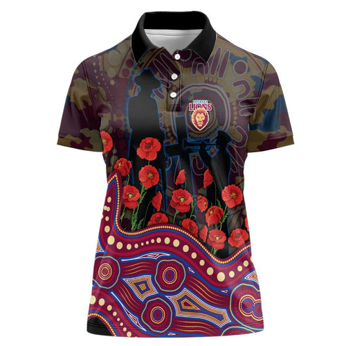 Brisbane Lions ANZAC Day Women Polo Shirt Indigenous Dot Art with Poppy Flower Tribute