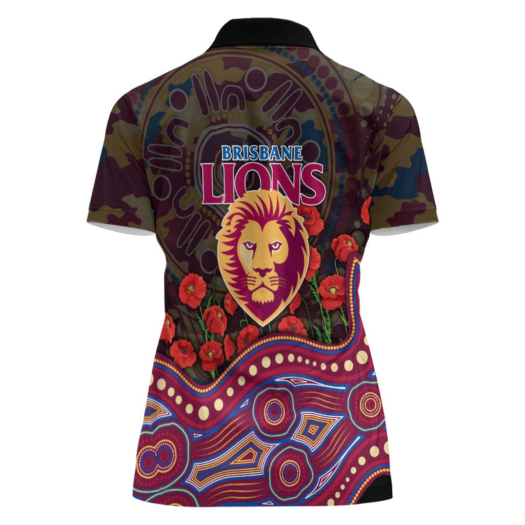 Brisbane Lions ANZAC Day Women Polo Shirt Indigenous Dot Art with Poppy Flower Tribute