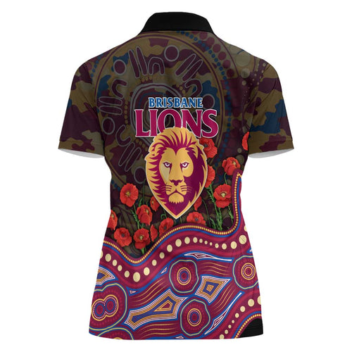Brisbane Lions ANZAC Day Women Polo Shirt Indigenous Dot Art with Poppy Flower Tribute