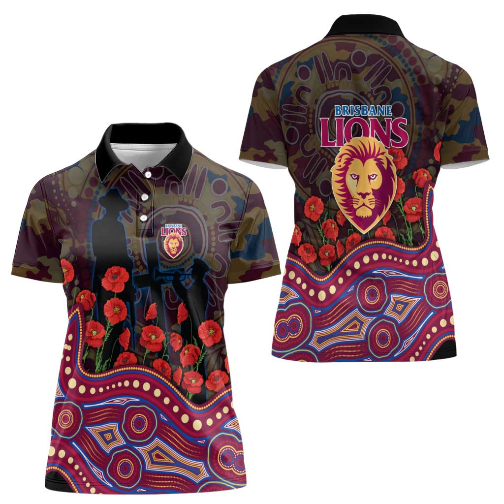 Brisbane Lions ANZAC Day Women Polo Shirt Indigenous Dot Art with Poppy Flower Tribute