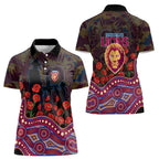 Brisbane Lions ANZAC Day Women Polo Shirt Indigenous Dot Art with Poppy Flower Tribute