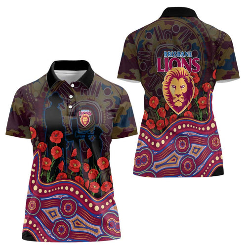 Brisbane Lions ANZAC Day Women Polo Shirt Indigenous Dot Art with Poppy Flower Tribute