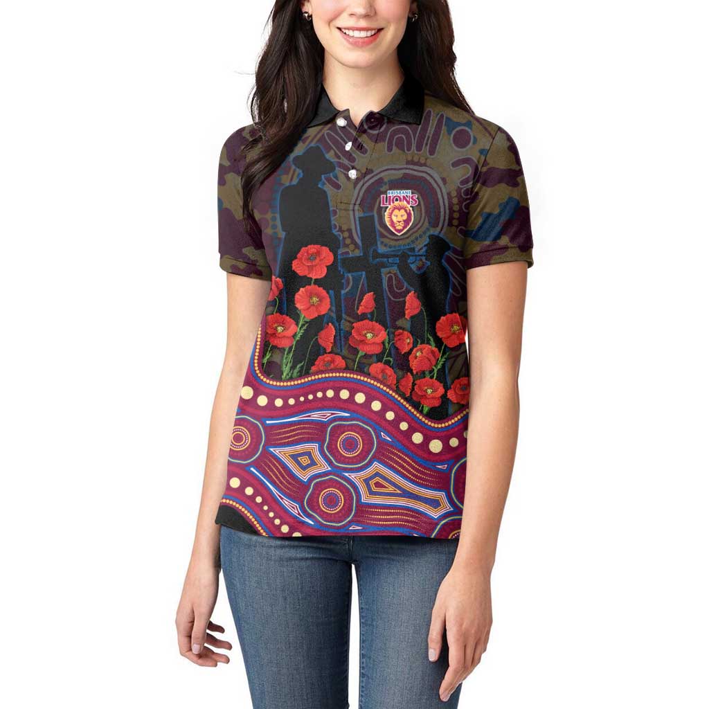 Brisbane Lions ANZAC Day Women Polo Shirt Indigenous Dot Art with Poppy Flower Tribute