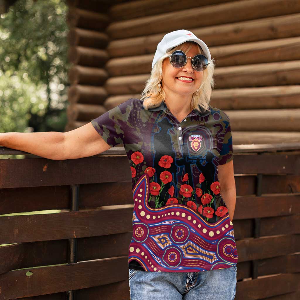 Brisbane Lions ANZAC Day Women Polo Shirt Indigenous Dot Art with Poppy Flower Tribute