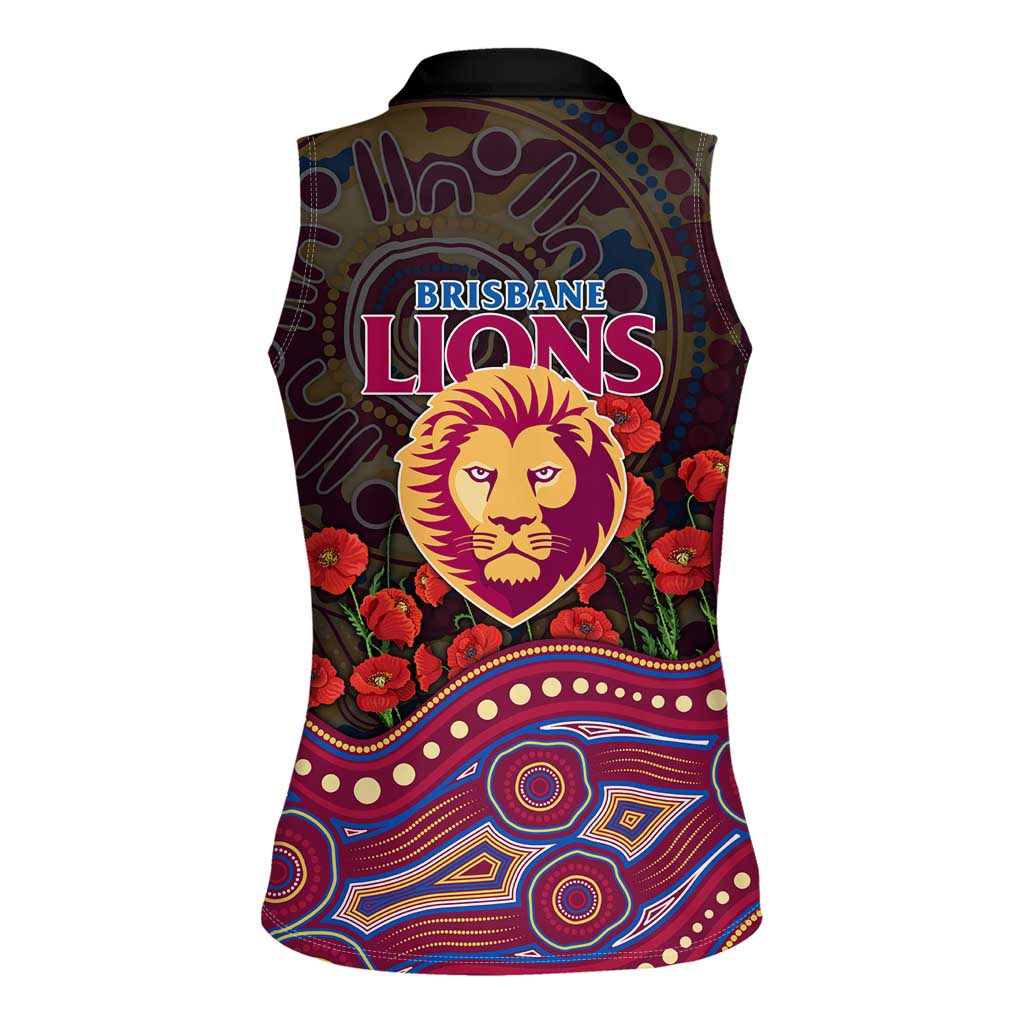 Brisbane Lions ANZAC Day Women Sleeveless Polo Shirt Indigenous Dot Art with Poppy Flower Tribute