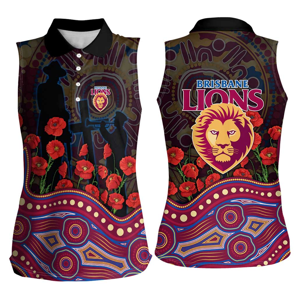 Brisbane Lions ANZAC Day Women Sleeveless Polo Shirt Indigenous Dot Art with Poppy Flower Tribute