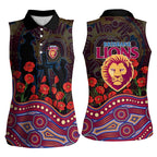 Brisbane Lions ANZAC Day Women Sleeveless Polo Shirt Indigenous Dot Art with Poppy Flower Tribute