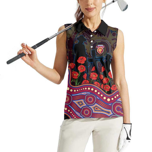 Brisbane Lions ANZAC Day Women Sleeveless Polo Shirt Indigenous Dot Art with Poppy Flower Tribute