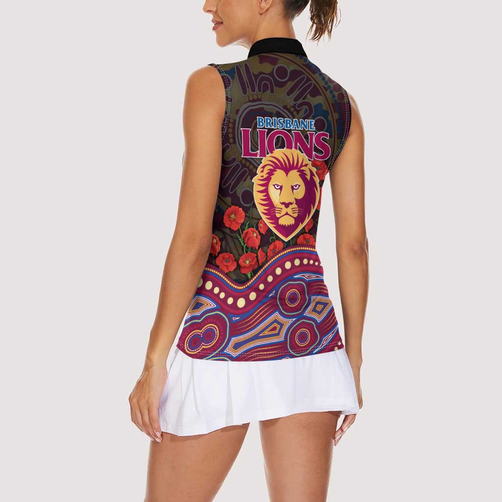 Brisbane Lions ANZAC Day Women Sleeveless Polo Shirt Indigenous Dot Art with Poppy Flower Tribute