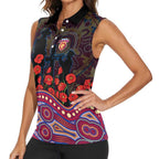 Brisbane Lions ANZAC Day Women Sleeveless Polo Shirt Indigenous Dot Art with Poppy Flower Tribute