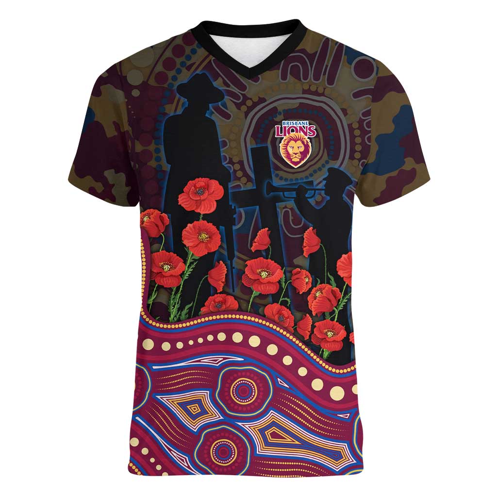 Brisbane Lions ANZAC Day Women V-Neck T-Shirt Indigenous Dot Art with Poppy Flower Tribute