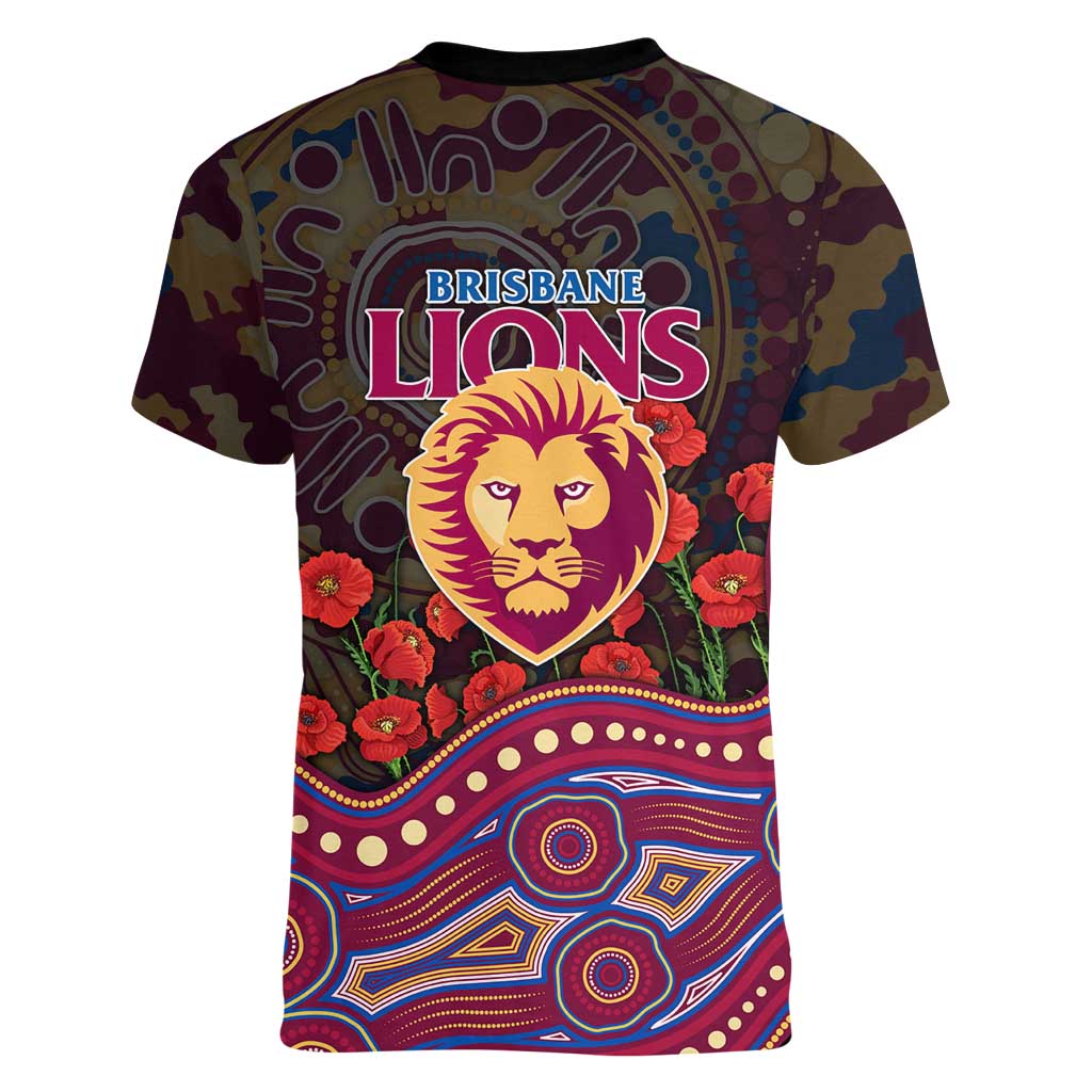 Brisbane Lions ANZAC Day Women V-Neck T-Shirt Indigenous Dot Art with Poppy Flower Tribute