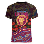 Brisbane Lions ANZAC Day Women V-Neck T-Shirt Indigenous Dot Art with Poppy Flower Tribute